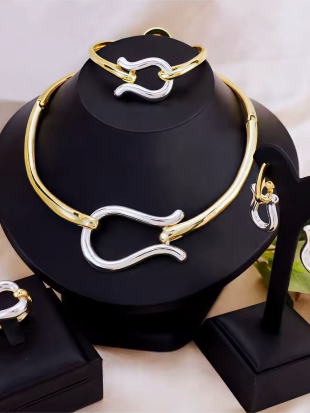 Two-Tone Gold and Silver Sculptural Necklace, Ring, Earrings & Bracelet Set